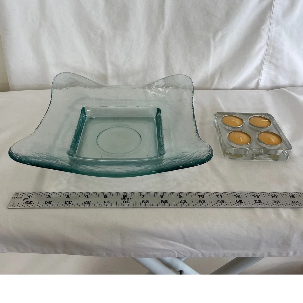 Hand Blown Slumped Glass Tealight Candle Holder Set Seafoam Blue Green 2 Piece